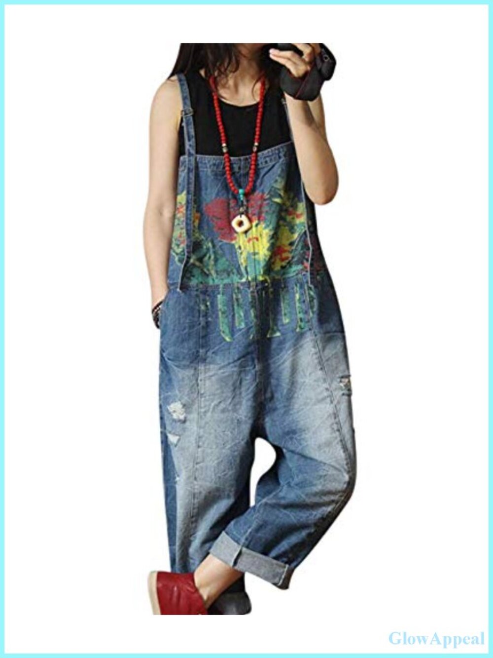 YESNO Cropped Jeans Overalls Hand Painted Poled Distressed Loose Fit